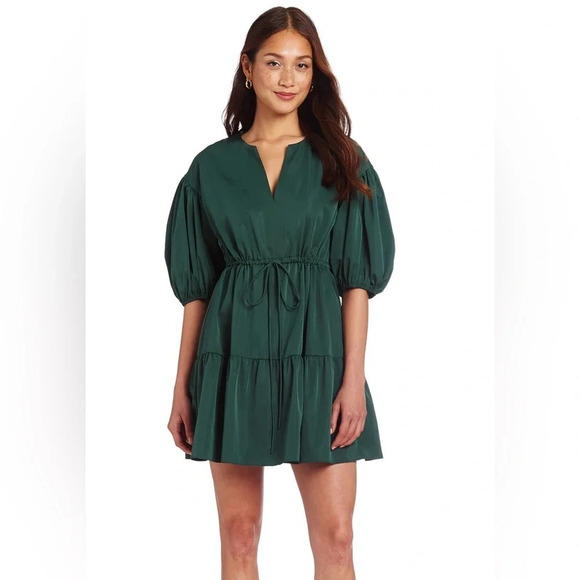 Amanda Uprichard Newbury Short Sleeve Tiered Mini Dress in Cypress Green Large - Picture 1 of 12